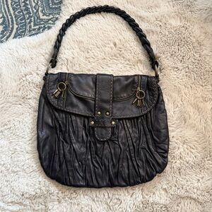 Carla Mancini Black Leather Hobo Bag Studded Boho Tassel Western Hippie Slouchy